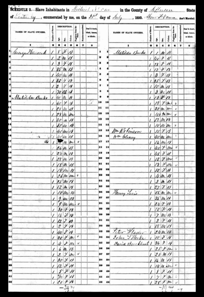 1850 U.S. Federal Census Slave Schedule featuring John Wesley Burks' enslaver, Matilda Burks.