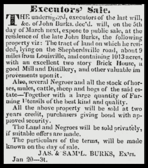 Newspaper notice of executors’ sale for the estate of John Burks